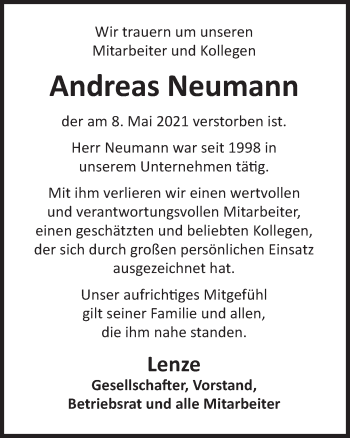 Traueranzeige von Andreas Neumann von Deister- und Weserzeitung