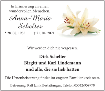 Traueranzeige von Anna-Maria Schelter von Neue Deister-Zeitung