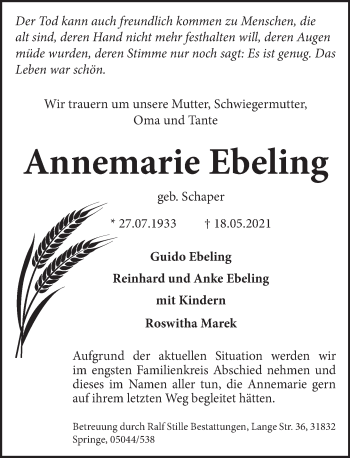 Traueranzeige von Annemarie Ebeling von Neue Deister-Zeitung