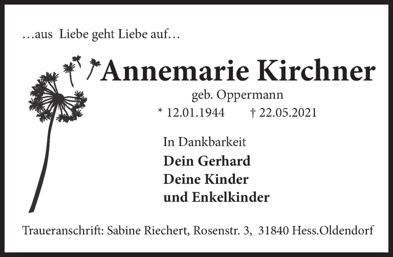  Traueranzeige für Annemarie Kirchner vom 29.05.2021 aus Deister- und Weserzeitung