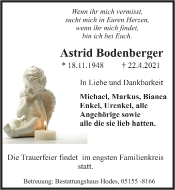 Traueranzeige von Astrid Bodenberger von Deister- und Weserzeitung