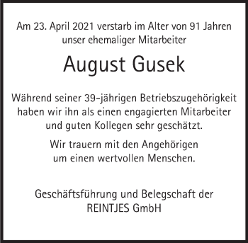 Traueranzeige von August Gusek von Deister- und Weserzeitung
