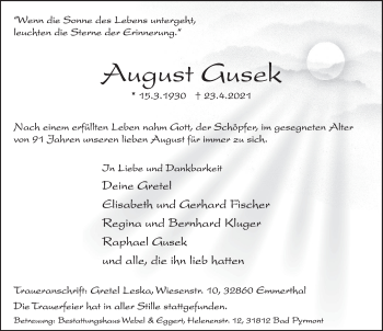 Traueranzeige von August Gusek von Deister- und Weserzeitung