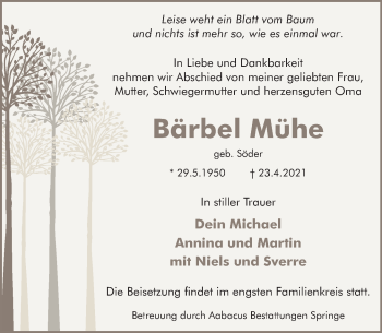 Traueranzeige von Bärbel Mühe von Neue Deister-Zeitung