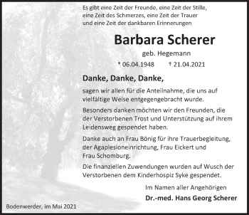 Traueranzeige von Barbara Scherer von Deister- und Weserzeitung