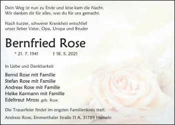 Traueranzeige von Bernfried Rose von Deister- und Weserzeitung