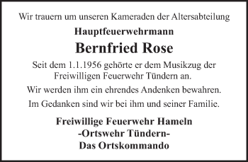 Traueranzeige von Bernfried Rose von Deister- und Weserzeitung