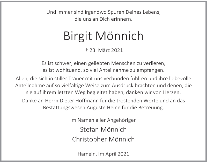  Traueranzeige für Birgit Mönnich vom 30.04.2021 aus Deister- und Weserzeitung