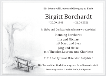 Traueranzeige von Birgitt Borchardt von Deister- und Weserzeitung