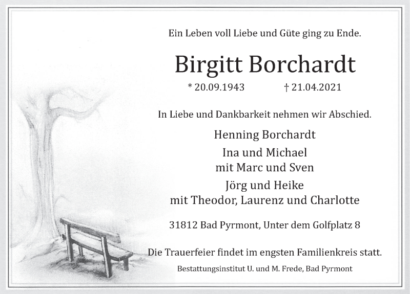  Traueranzeige für Birgitt Borchardt vom 30.04.2021 aus Deister- und Weserzeitung