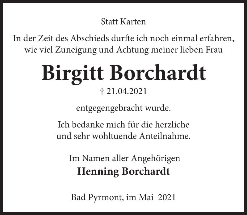  Traueranzeige für Birgitt Borchardt vom 22.05.2021 aus Deister- und Weserzeitung