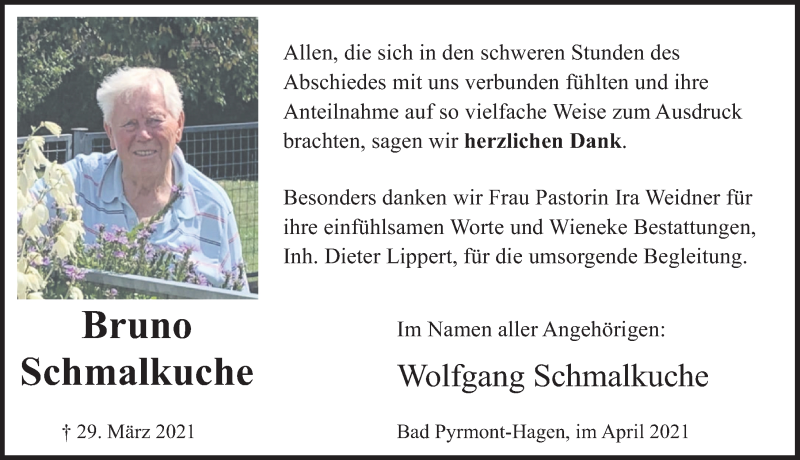  Traueranzeige für Bruno Schmalkuche vom 30.04.2021 aus Deister- und Weserzeitung