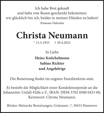 Traueranzeige von Christa Neumann von Neue Deister-Zeitung