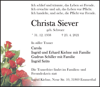 Traueranzeige von Christa Siever von Deister- und Weserzeitung