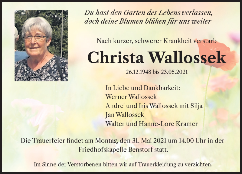  Traueranzeige für Christa Wallossek vom 29.05.2021 aus Deister- und Weserzeitung
