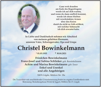 Traueranzeige von Christel Bowinkelmann von Deister- und Weserzeitung