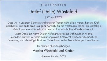 Traueranzeige von Detlef Wüstefeld von Deister- und Weserzeitung