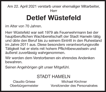 Traueranzeige von Detlef Wüstefeld von Deister- und Weserzeitung