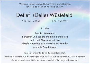 Traueranzeige von Detlef Wüstefeld von Deister- und Weserzeitung