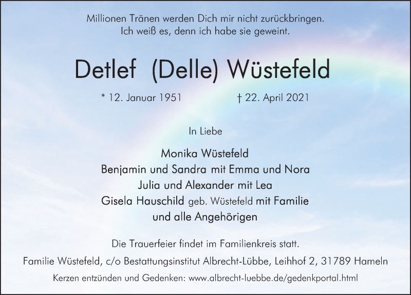  Traueranzeige für Detlef Wüstefeld vom 30.04.2021 aus Deister- und Weserzeitung