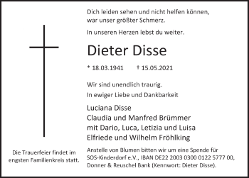 Traueranzeige von Dieter Disse von Deister- und Weserzeitung