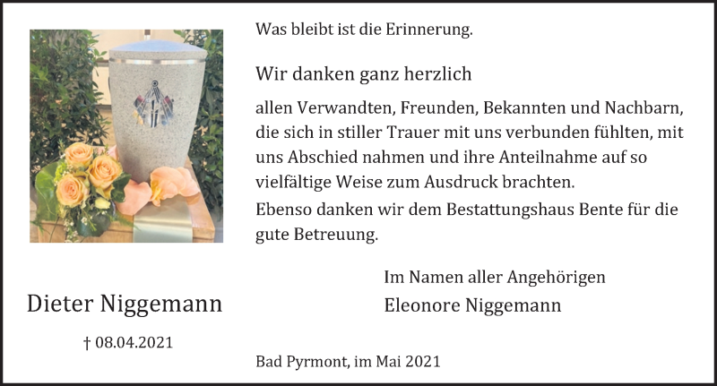  Traueranzeige für Dieter Niggemann vom 08.05.2021 aus Deister- und Weserzeitung