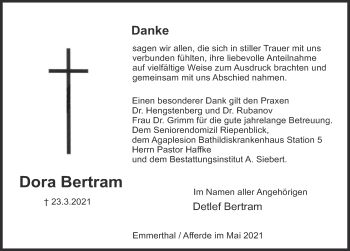 Traueranzeige von Dora Bertram von Deister- und Weserzeitung