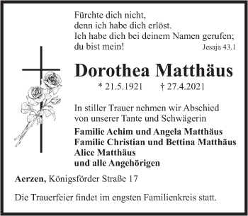 Traueranzeige von Dorothea Matthäus von Deister- und Weserzeitung