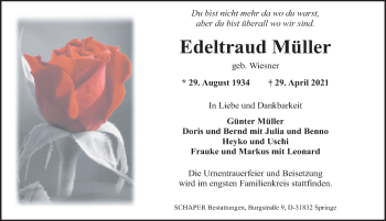 Traueranzeige von Edeltraud Müller von Neue Deister-Zeitung