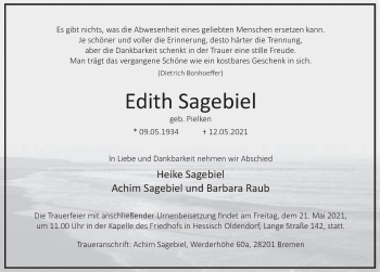 Traueranzeige von Edith Sagebiel von Deister- und Weserzeitung