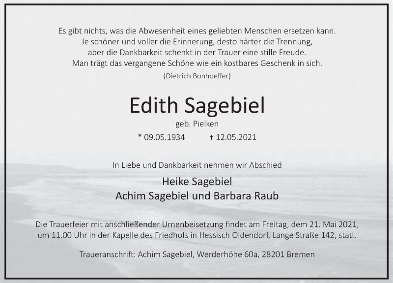  Traueranzeige für Edith Sagebiel vom 18.05.2021 aus Deister- und Weserzeitung