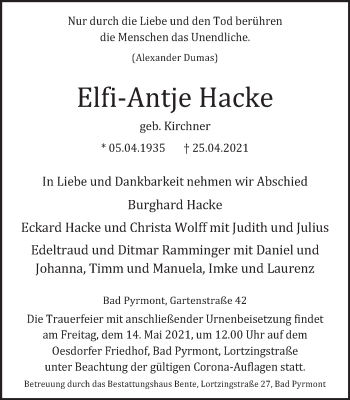 Traueranzeige von Elfi-Antje Hacke von Deister- und Weserzeitung