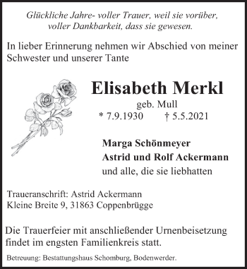 Traueranzeige von Elisabeth Merkl von Deister- und Weserzeitung