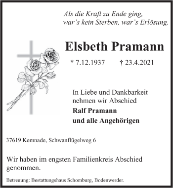Traueranzeige von Elsbeth Pramann von Deister- und Weserzeitung