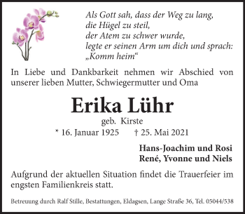 Traueranzeige von Erika Lühr von Neue Deister-Zeitung