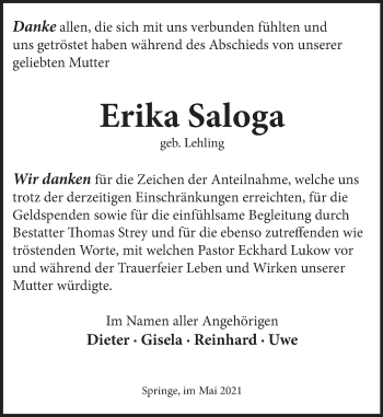 Traueranzeige von Erika Saloga von Neue Deister-Zeitung
