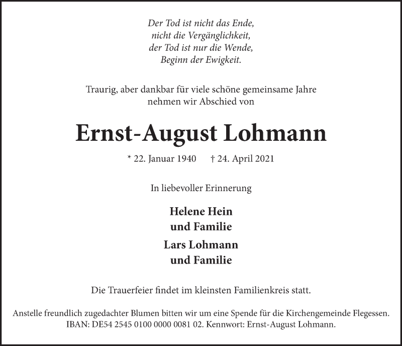  Traueranzeige für Ernst-August Lohmann vom 30.04.2021 aus Neue Deister-Zeitung