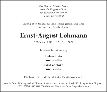 Traueranzeige von Ernst-August Lohmann von Neue Deister-Zeitung