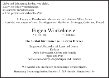 Traueranzeige von Eugen Winkelmeier von Deister- und Weserzeitung