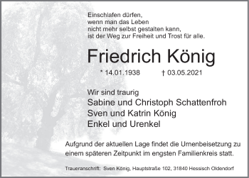 Traueranzeige von Friedrich König von Deister- und Weserzeitung