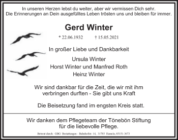 Traueranzeige von Gerd Winter von Deister- und Weserzeitung