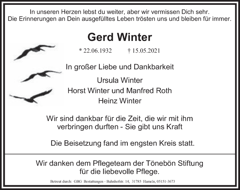 Traueranzeige für Gerd Winter vom 29.05.2021 aus Deister- und Weserzeitung