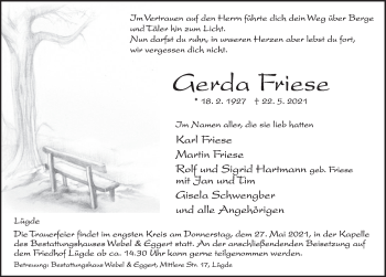 Traueranzeige von Gerda Friese von Deister- und Weserzeitung