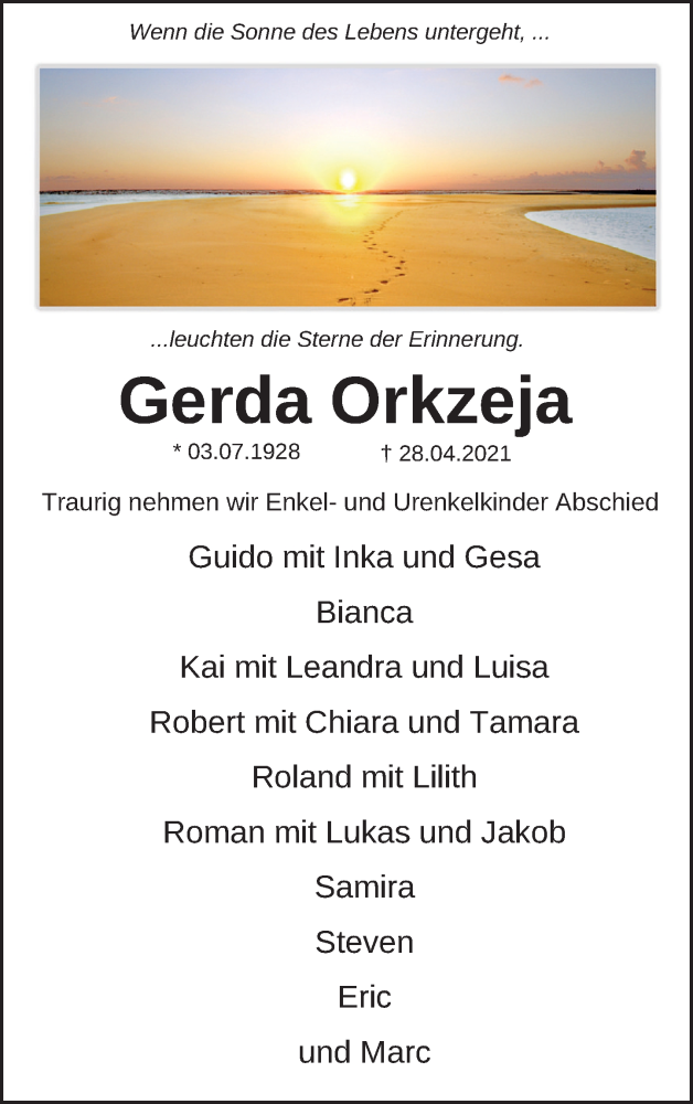  Traueranzeige für Gerda Orkzeja vom 08.05.2021 aus Neue Deister-Zeitung