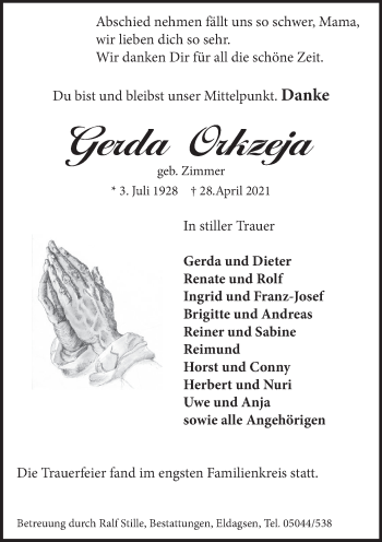 Traueranzeige von Gerda Orkzeja von Neue Deister-Zeitung