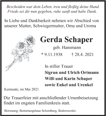 Traueranzeige von Gerda Schaper von Deister- und Weserzeitung