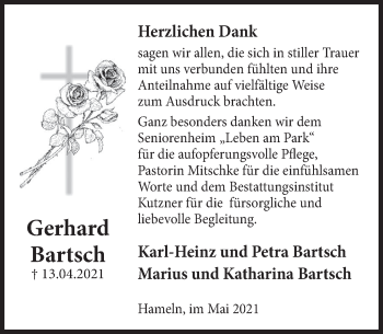 Traueranzeige von Gerhard Bartsch von Deister- und Weserzeitung