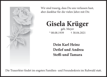 Traueranzeige von Gisela Krüger von Deister- und Weserzeitung