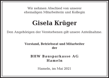 Traueranzeige von Gisela Krüger von Deister- und Weserzeitung