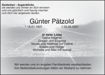 Traueranzeige von Günter Pätzold von Deister- und Weserzeitung
